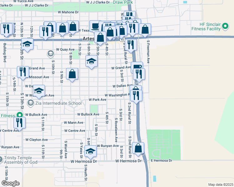 map of restaurants, bars, coffee shops, grocery stores, and more near 602-606 South Roselawn Avenue in Artesia