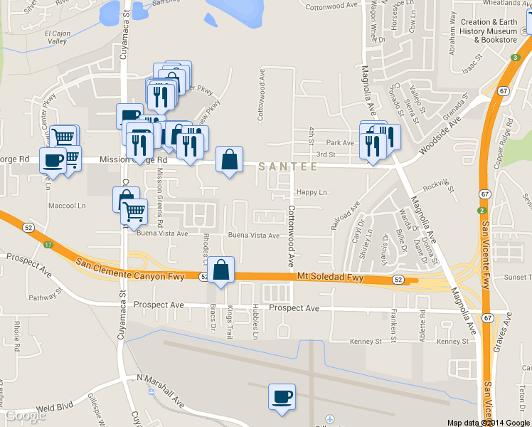 map of restaurants, bars, coffee shops, grocery stores, and more near 8824 Cottonwood Avenue in Santee