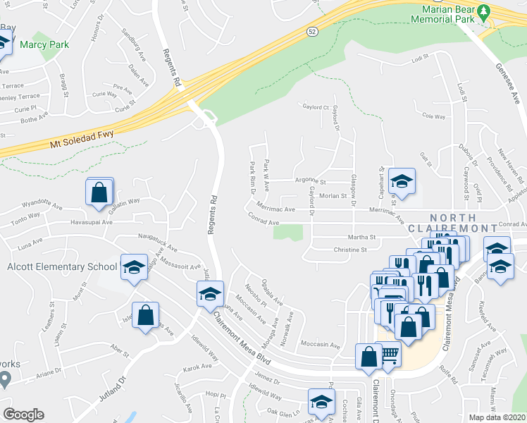 map of restaurants, bars, coffee shops, grocery stores, and more near 5012 Park West Avenue in San Diego