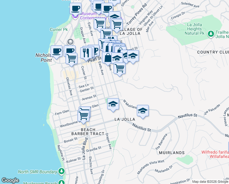 map of restaurants, bars, coffee shops, grocery stores, and more near 7214 Fay Avenue in San Diego