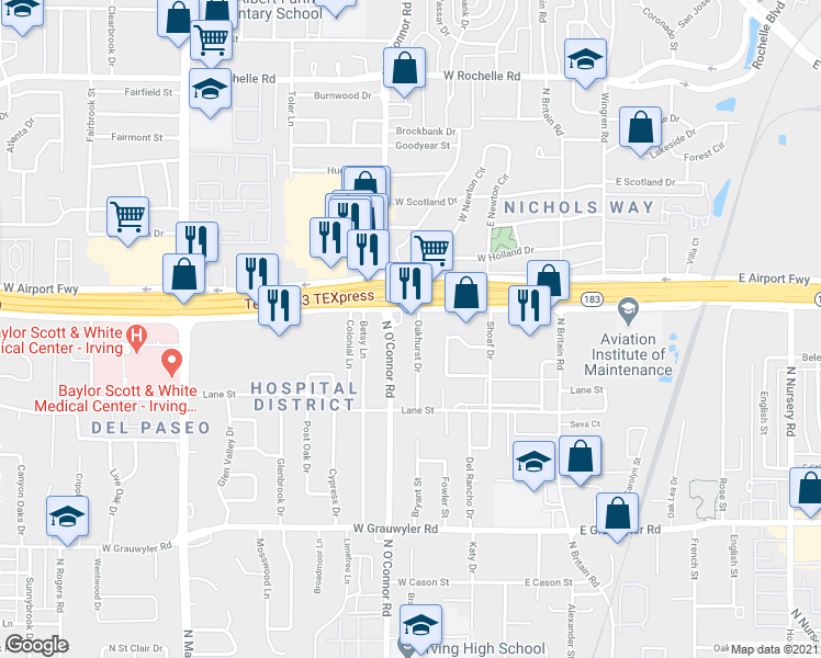 map of restaurants, bars, coffee shops, grocery stores, and more near 2106 North O'Connor Road in Irving
