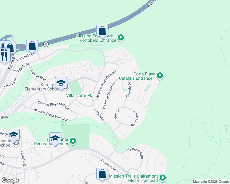 map of restaurants, bars, coffee shops, grocery stores, and more near 5150 Corte Playa San Juan in San Diego