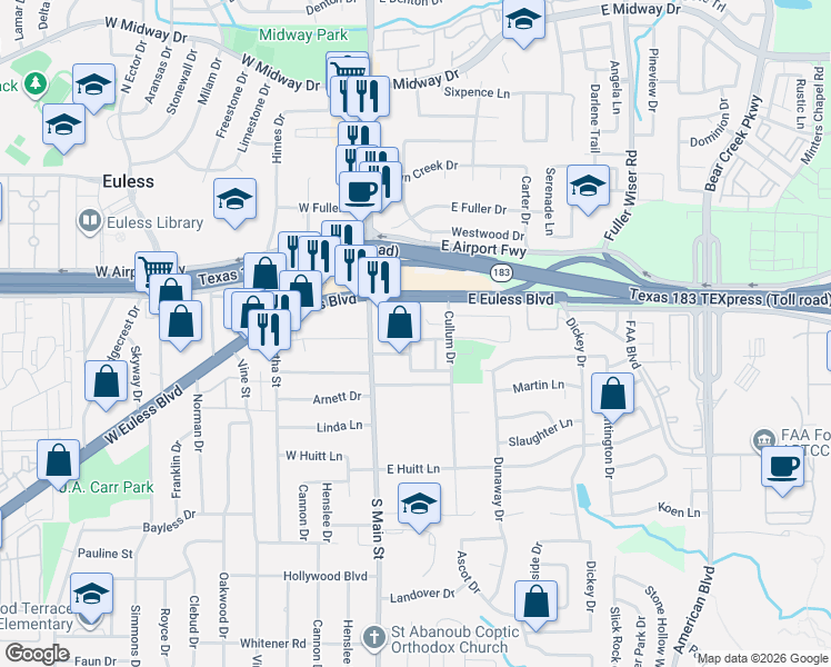 map of restaurants, bars, coffee shops, grocery stores, and more near in Euless