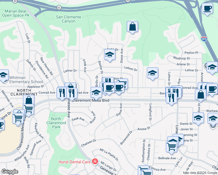 map of restaurants, bars, coffee shops, grocery stores, and more near 4725 Conrad Avenue in San Diego
