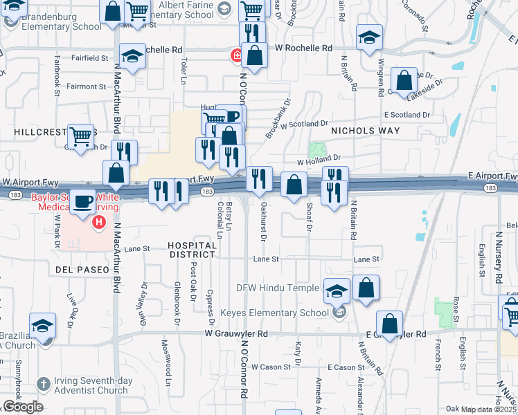 map of restaurants, bars, coffee shops, grocery stores, and more near 2101 Oakhurst Drive in Irving