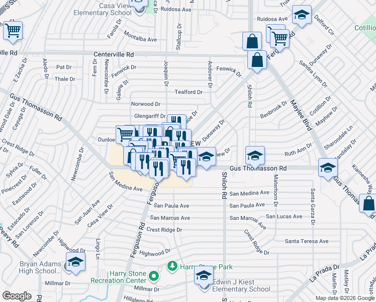 map of restaurants, bars, coffee shops, grocery stores, and more near 10417 Dunaway Drive in Dallas