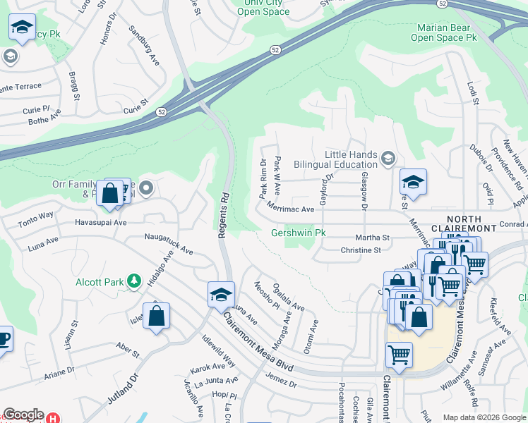 map of restaurants, bars, coffee shops, grocery stores, and more near 3412 Conrad Avenue in San Diego