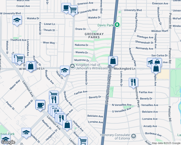 map of restaurants, bars, coffee shops, grocery stores, and more near 4673 West Mockingbird Lane in Dallas