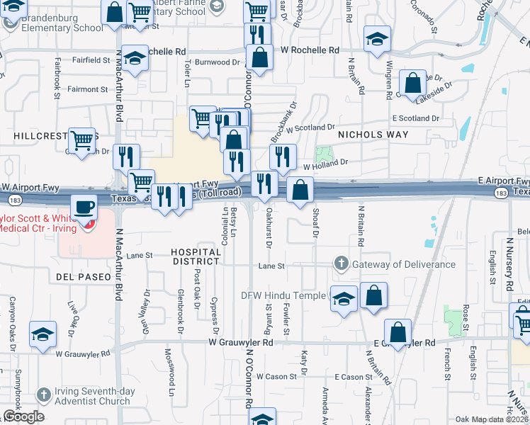 map of restaurants, bars, coffee shops, grocery stores, and more near 2101 Oakhurst Drive in Irving