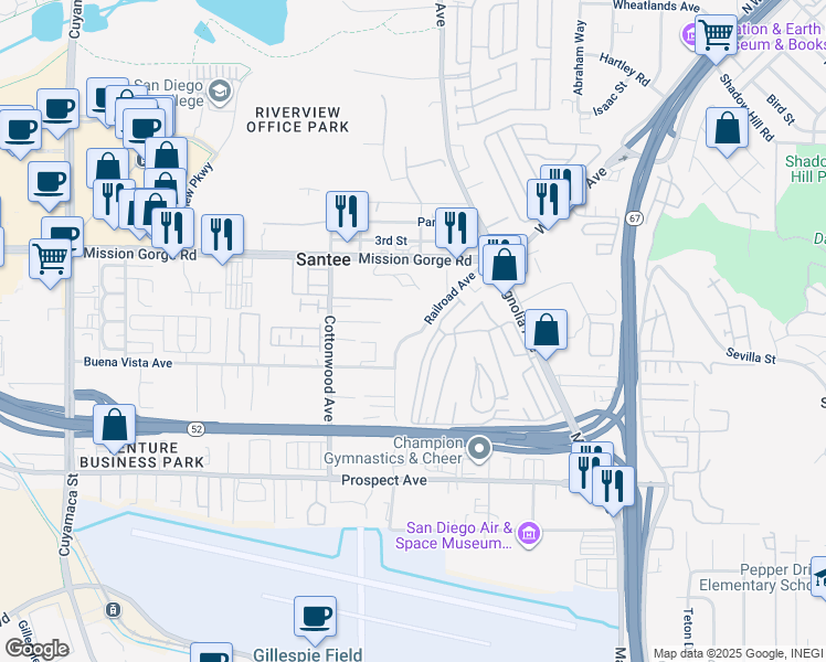 map of restaurants, bars, coffee shops, grocery stores, and more near 8802 Railroad Avenue in Santee