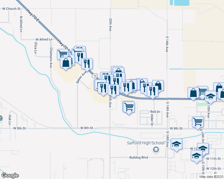 map of restaurants, bars, coffee shops, grocery stores, and more near 1976 West Thatcher Boulevard in Safford