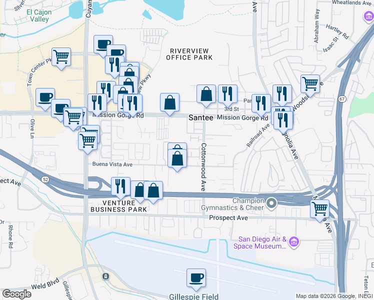 map of restaurants, bars, coffee shops, grocery stores, and more near 8803 Apple Blossom Court in Santee