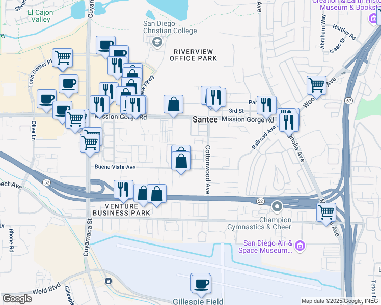 map of restaurants, bars, coffee shops, grocery stores, and more near 8806 Apple Blossom Court in Santee