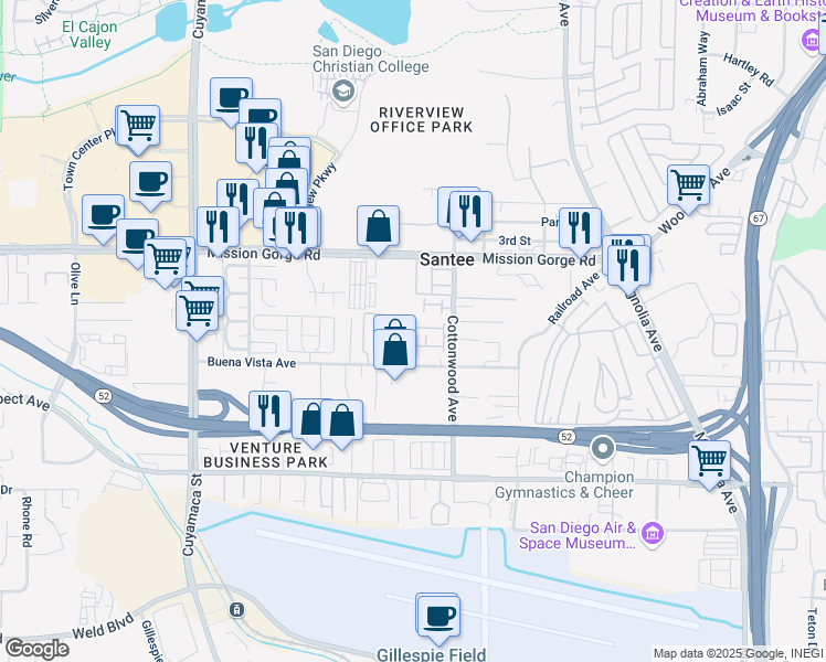 map of restaurants, bars, coffee shops, grocery stores, and more near 8803 Apple Blossom Court in Santee