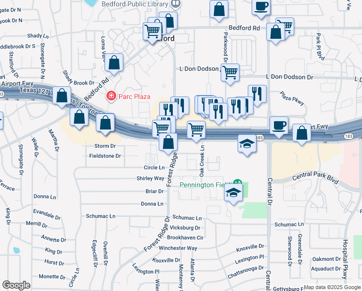 map of restaurants, bars, coffee shops, grocery stores, and more near 1600 Airport Freeway in Bedford