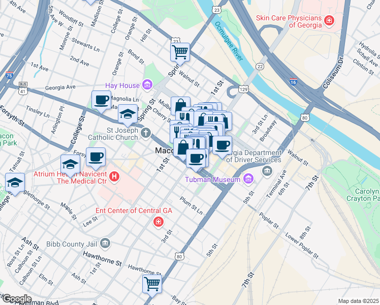map of restaurants, bars, coffee shops, grocery stores, and more near 606 Cherry Street in Macon