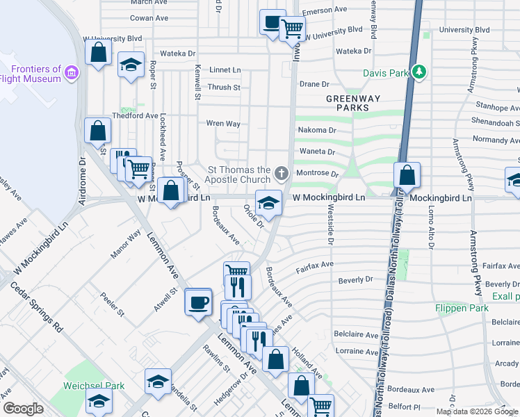 map of restaurants, bars, coffee shops, grocery stores, and more near 5122 West Mockingbird Lane in Dallas