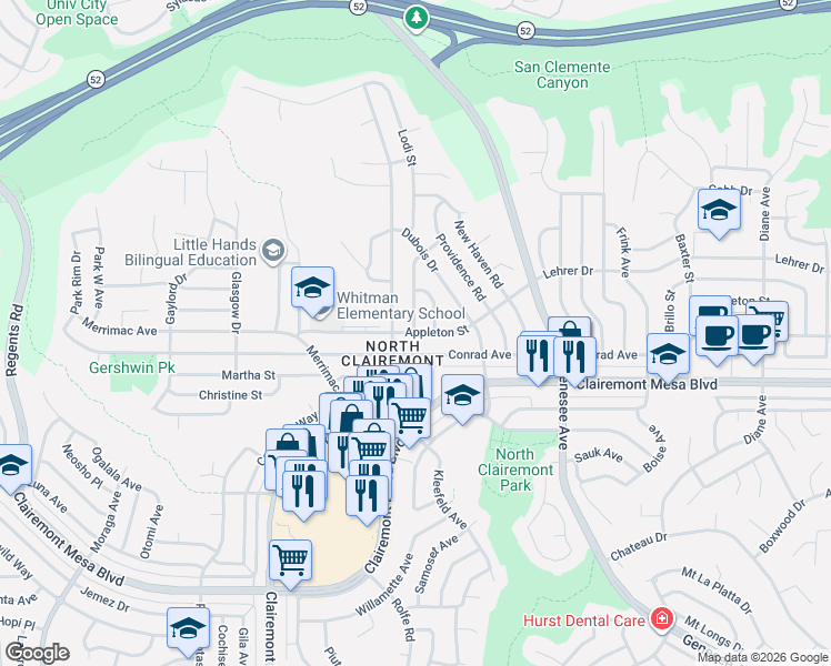 map of restaurants, bars, coffee shops, grocery stores, and more near Appleton Street in San Diego