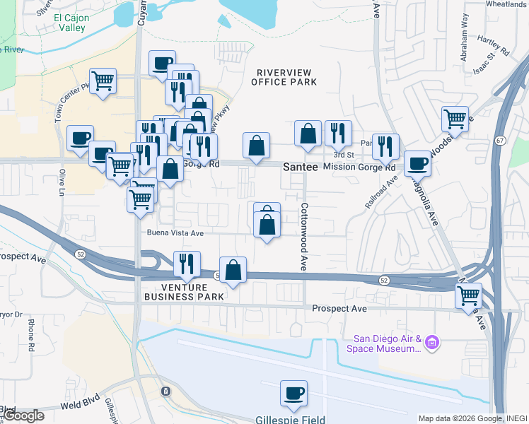 map of restaurants, bars, coffee shops, grocery stores, and more near 8808 Morningside Way in Santee