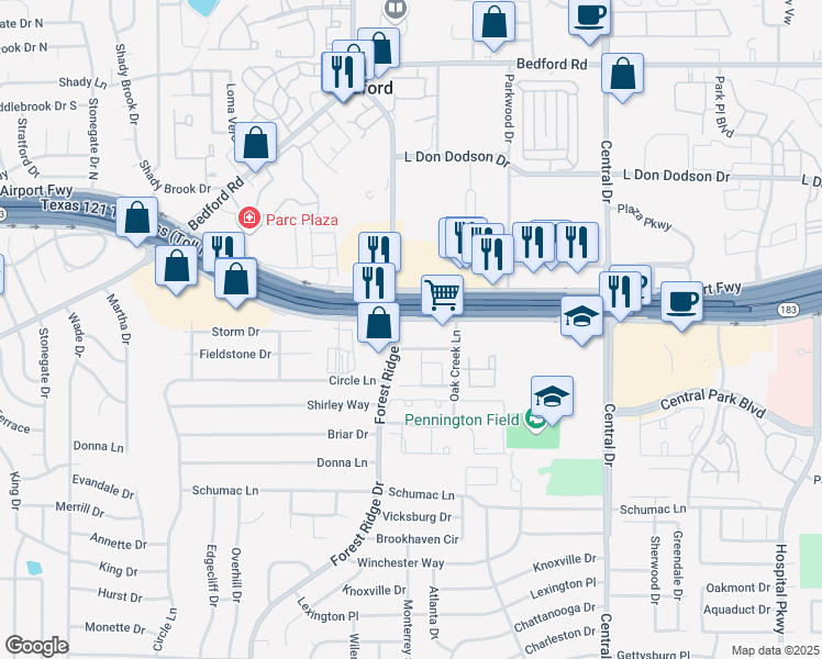 map of restaurants, bars, coffee shops, grocery stores, and more near 1598 Airport Freeway in Bedford