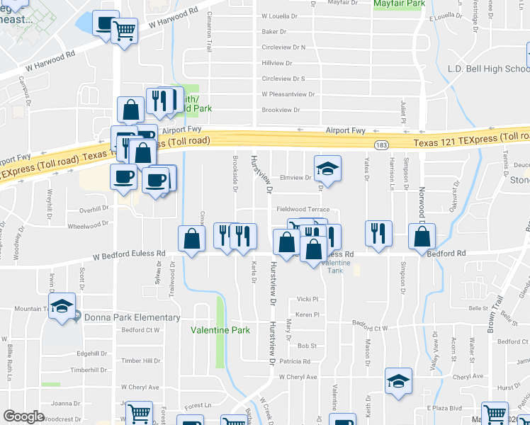 map of restaurants, bars, coffee shops, grocery stores, and more near 1333 Hurstview Drive in Hurst