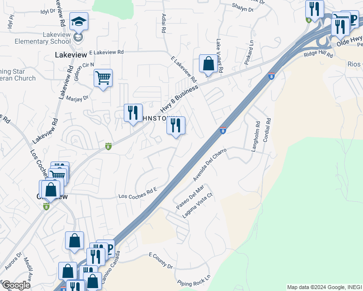 map of restaurants, bars, coffee shops, grocery stores, and more near 13833 Los Coches Road East in El Cajon