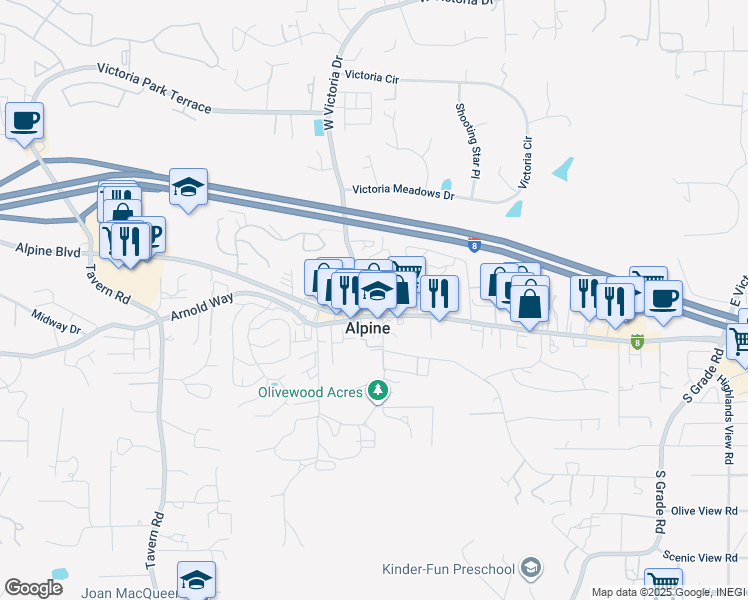 map of restaurants, bars, coffee shops, grocery stores, and more near 1344 Marshall Road in Alpine