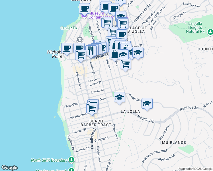 map of restaurants, bars, coffee shops, grocery stores, and more near 7228 Mabel Bell Lane in San Diego