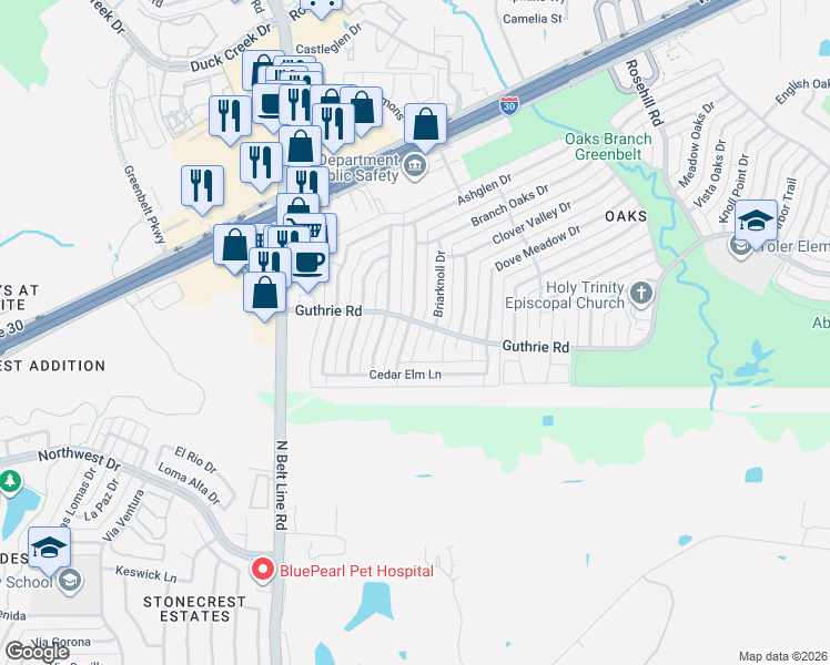 map of restaurants, bars, coffee shops, grocery stores, and more near 6401 Alta Oaks Drive in Garland