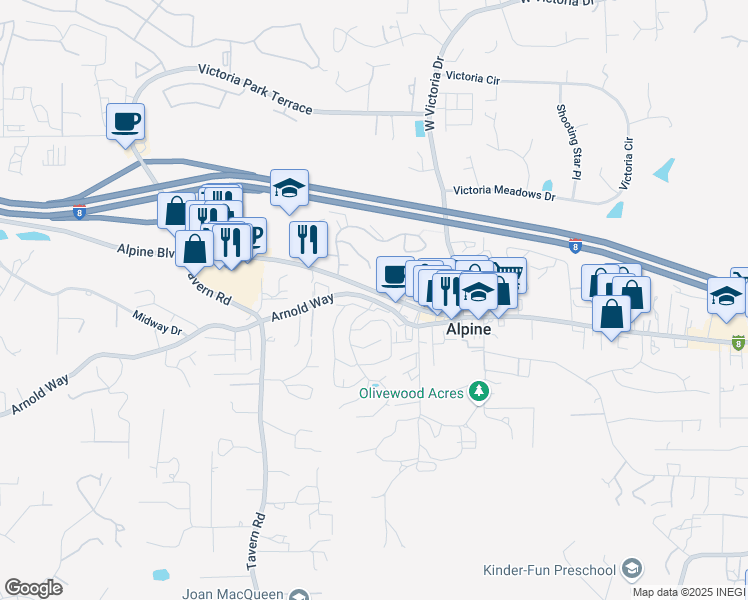 map of restaurants, bars, coffee shops, grocery stores, and more near 2053 Arnold Way in Alpine