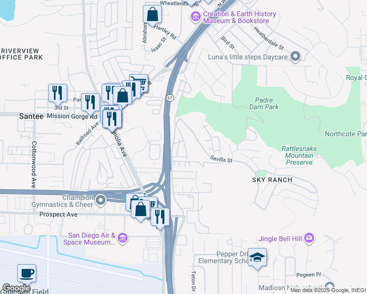 map of restaurants, bars, coffee shops, grocery stores, and more near 8761 Graves Avenue in Santee