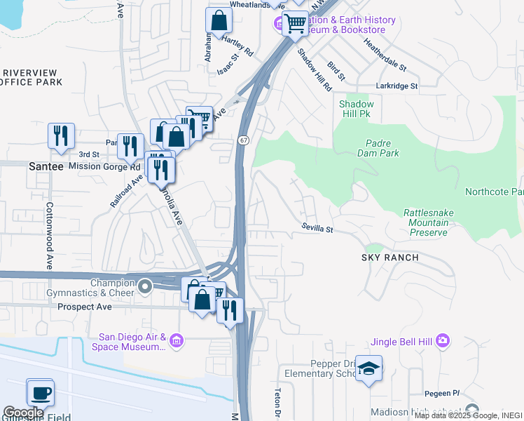 map of restaurants, bars, coffee shops, grocery stores, and more near 8761 Graves Avenue in Santee