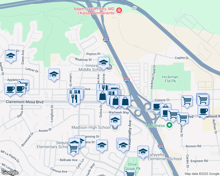 map of restaurants, bars, coffee shops, grocery stores, and more near 5505 Norwich Street in San Diego