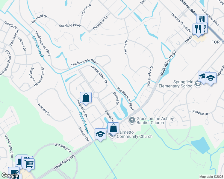 map of restaurants, bars, coffee shops, grocery stores, and more near 495 Shadowmoss Parkway in Charleston