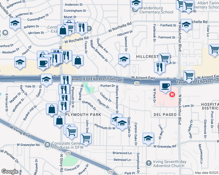 map of restaurants, bars, coffee shops, grocery stores, and more near 1813 Puritan Drive in Irving