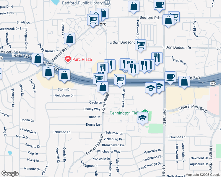 map of restaurants, bars, coffee shops, grocery stores, and more near 1598 Airport Freeway in Bedford