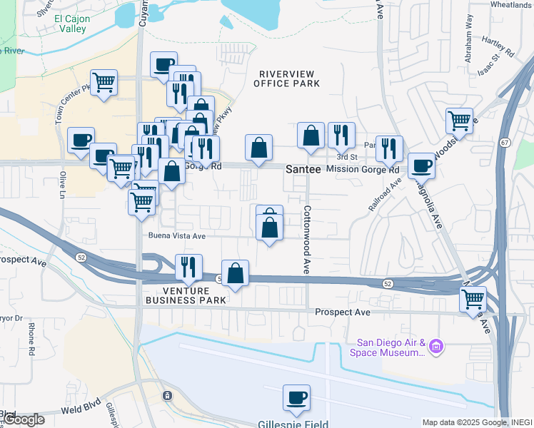 map of restaurants, bars, coffee shops, grocery stores, and more near 8808 Aspenglow Place in Santee