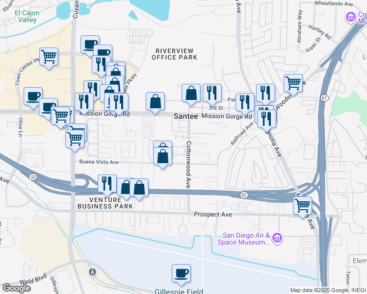 map of restaurants, bars, coffee shops, grocery stores, and more near 10236 Brightwood Lane in Santee
