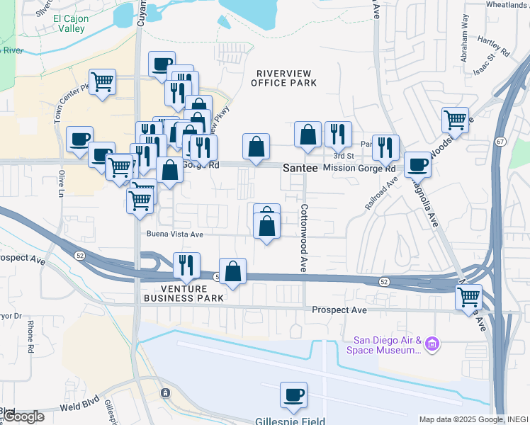 map of restaurants, bars, coffee shops, grocery stores, and more near 8808 Aspenglow Place in Santee