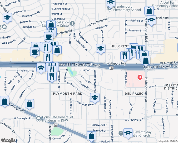 map of restaurants, bars, coffee shops, grocery stores, and more near 1813 Puritan Drive in Irving