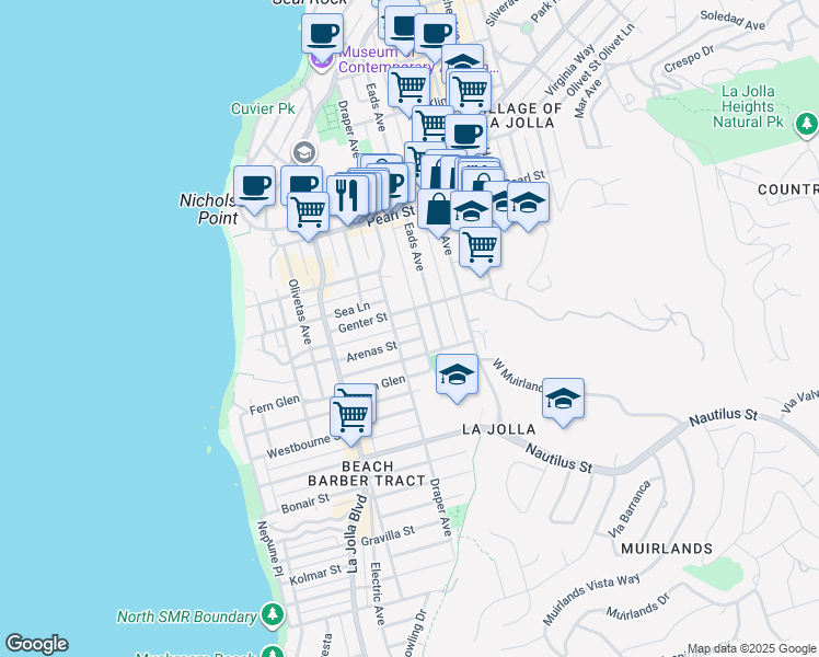 map of restaurants, bars, coffee shops, grocery stores, and more near 731 Glenview Lane in San Diego