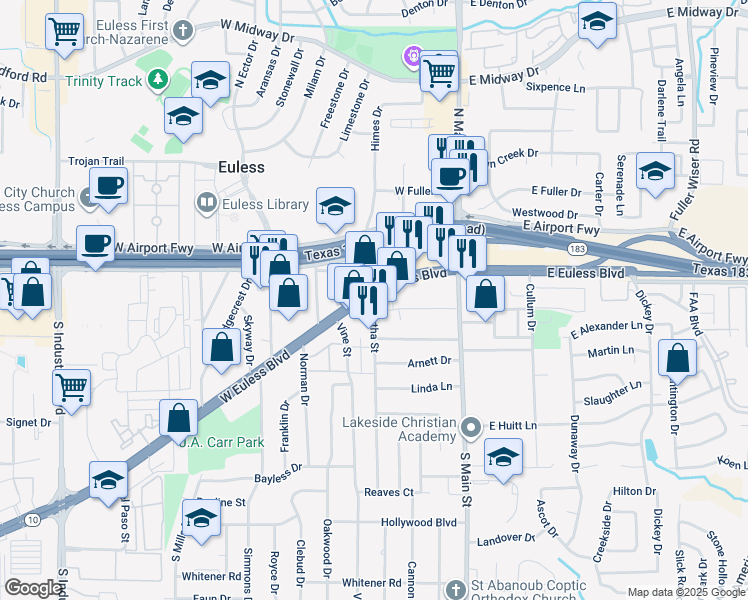 map of restaurants, bars, coffee shops, grocery stores, and more near 109 Martha Street in Euless