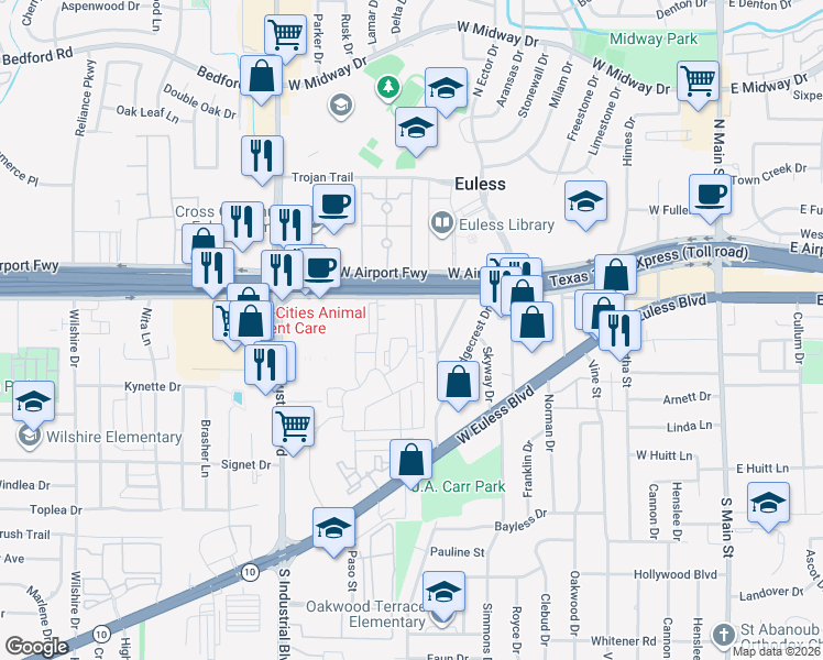 map of restaurants, bars, coffee shops, grocery stores, and more near 801 Airport Freeway in Euless