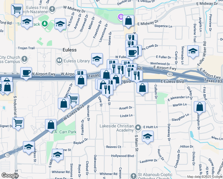 map of restaurants, bars, coffee shops, grocery stores, and more near 109 Martha Street in Euless