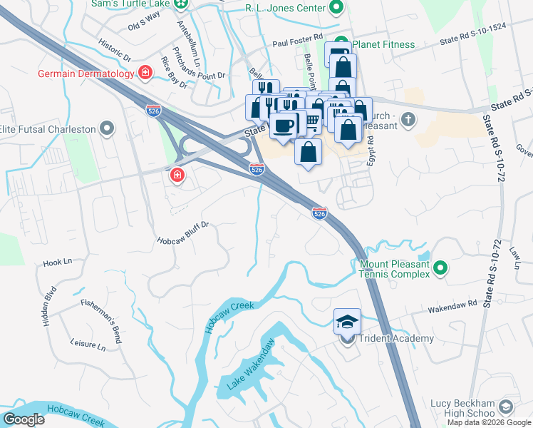 map of restaurants, bars, coffee shops, grocery stores, and more near 1513 Strathmore Lane in Mount Pleasant