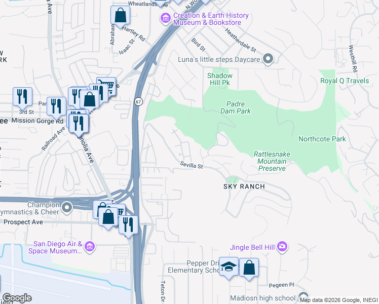 map of restaurants, bars, coffee shops, grocery stores, and more near 1807 Calabria Street in Santee