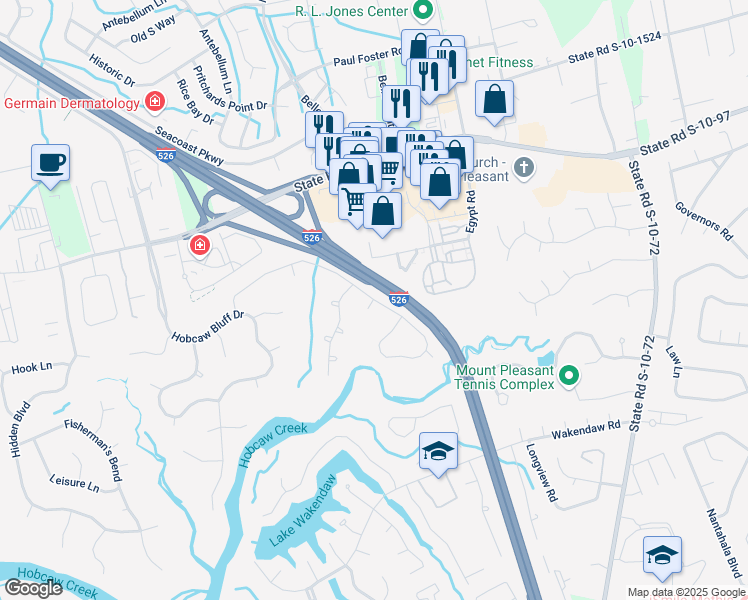 map of restaurants, bars, coffee shops, grocery stores, and more near Whitsun Court in Mount Pleasant