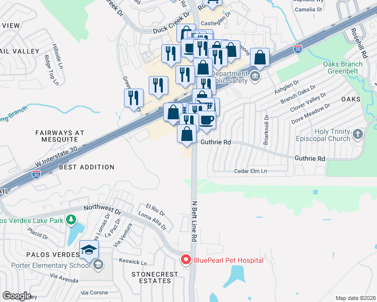 map of restaurants, bars, coffee shops, grocery stores, and more near 6241 Broadway Boulevard in Garland