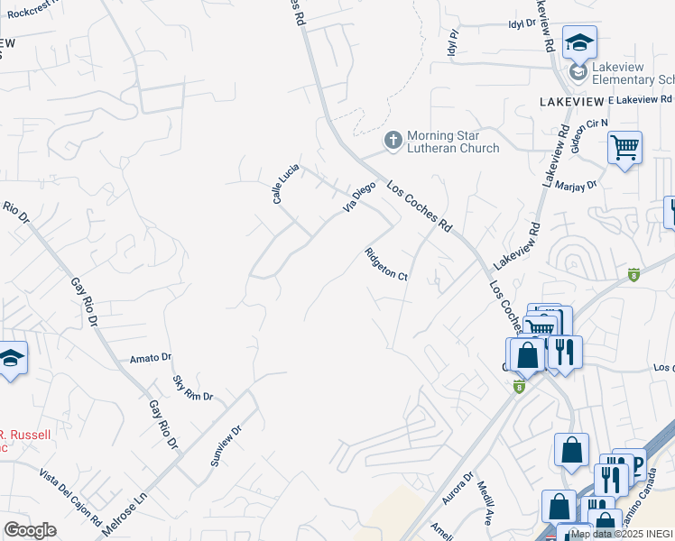 map of restaurants, bars, coffee shops, grocery stores, and more near 12514 Ridgeton Drive in Lakeside