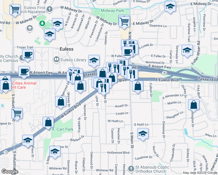 map of restaurants, bars, coffee shops, grocery stores, and more near 109 Martha Street in Euless